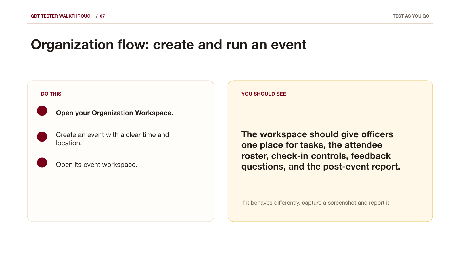 Organization testing flow: create and run an event