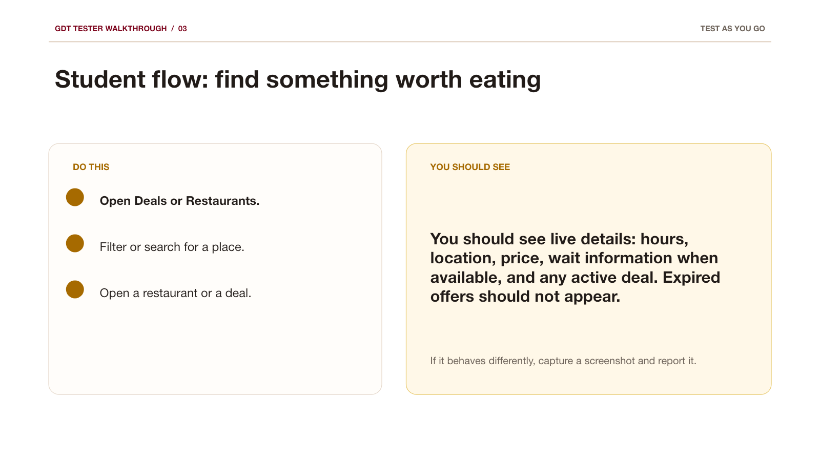 Student testing flow: deals, restaurants, schedule, Smart Search, and AI Plan