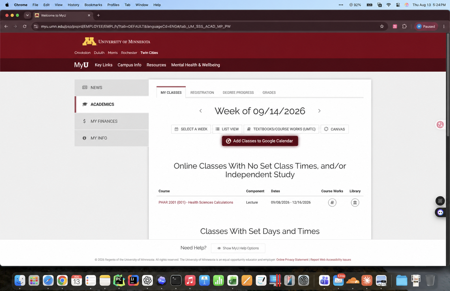 MyU Academics: click Add Classes to Google Calendar